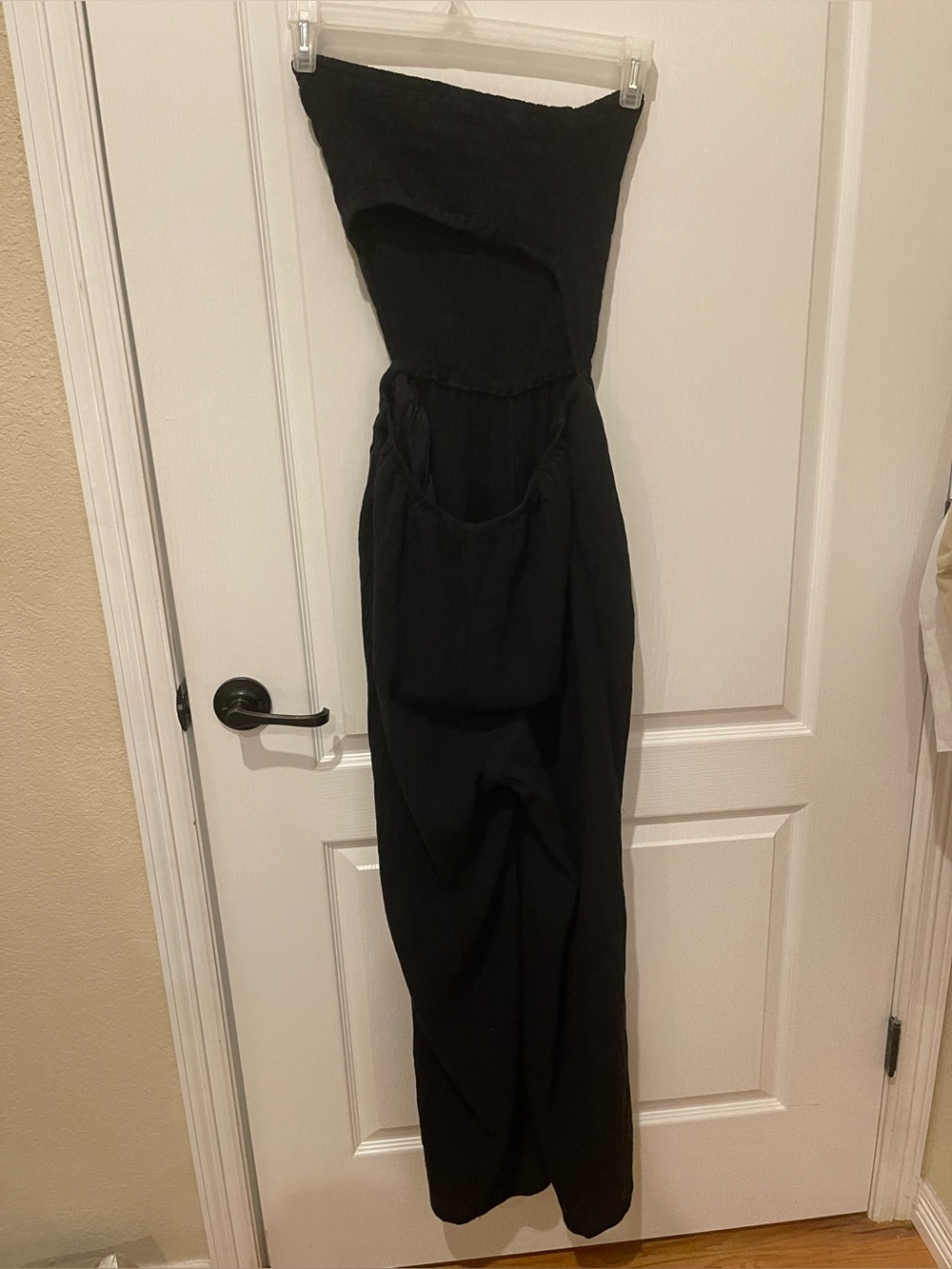 Strapless Black Jumpsuit Wide Leg AERIE Sz lg smocked Bodice Partial Open Back